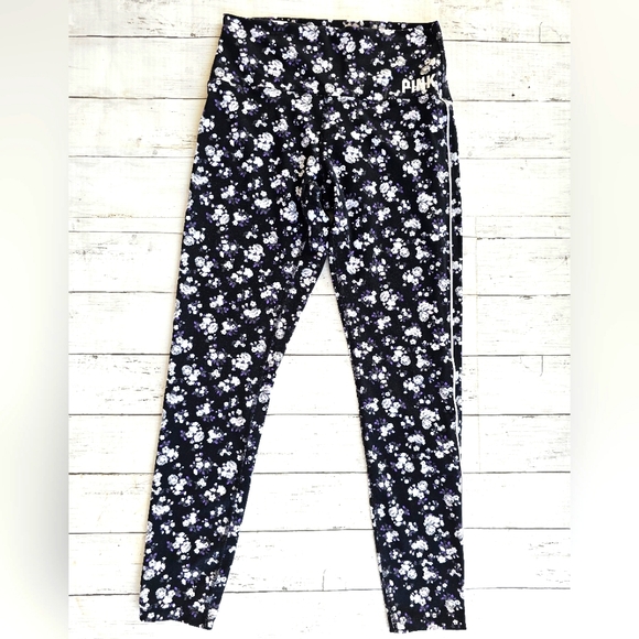 Victoria's Secret PINK ULTIMATE Black Purple Floral Leggings White Stripe Size M - Picture 2 of 7